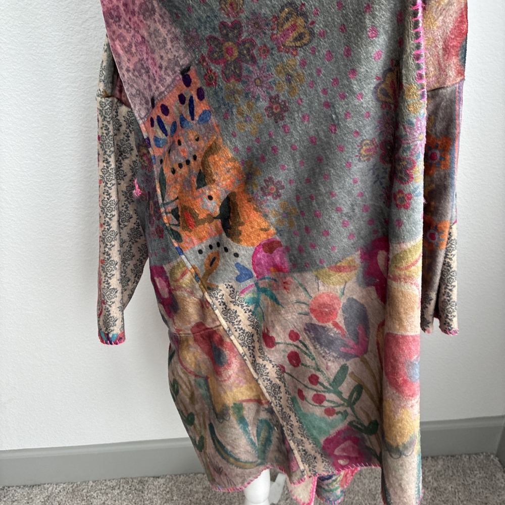 Natural Life Long Cozy Patchwork Blanket Kimono Pink Trim S/M Sherpa Lined Boho - Picture 4 of 16